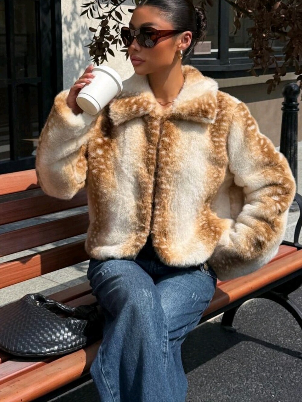 Women's Faux Fur Deer Print Coat, Suitable For Winter Skiing, Street - Picture 7 of 7